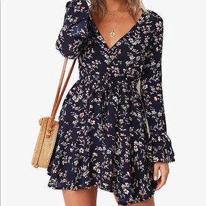Women's Dress Floral Printed V-Neck Flared Long Sleeve Ruffle Hem w/ Drawstring